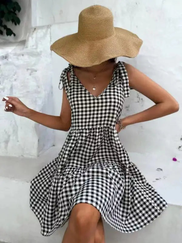 ミストレアスGingham Check Double Ruffle Dress Gingham Dress with Ruffles for Girls - chequered grey, Girls