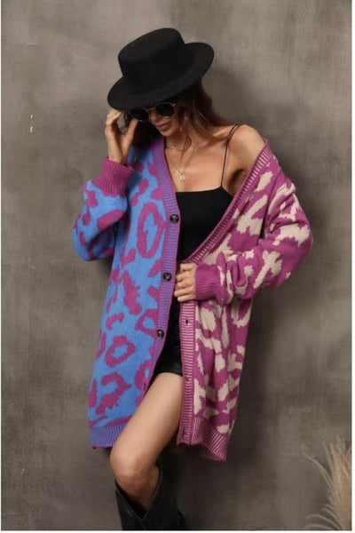 Long leopard knit cardigan