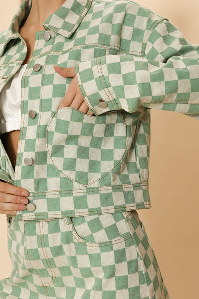 Cropped checkered heart denim jacket - Miss Sparkling