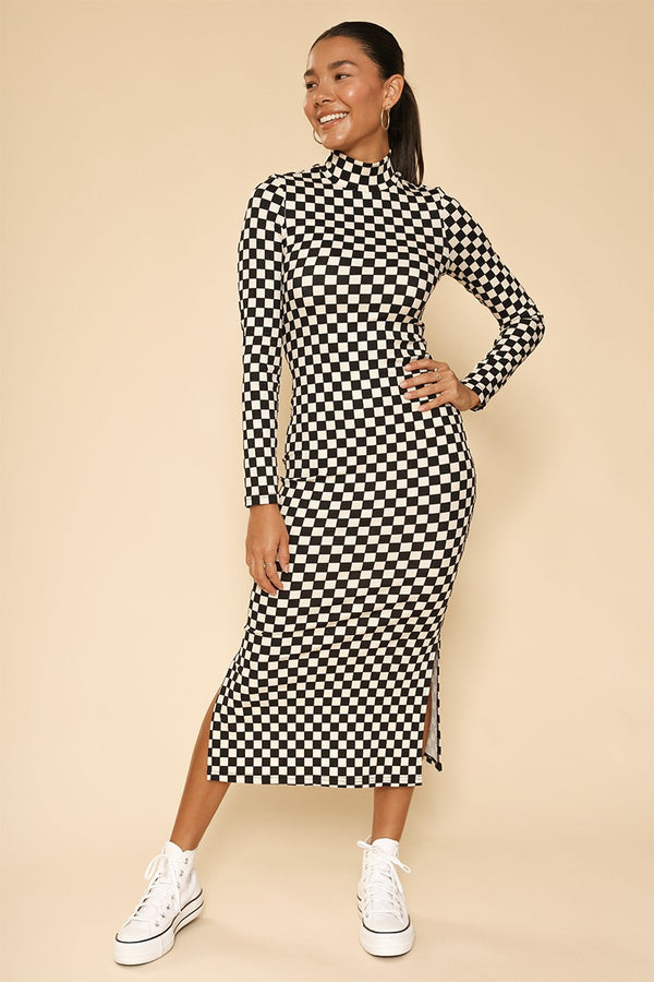 Checkered ribbed mock neck midi dress - Miss Sparkling