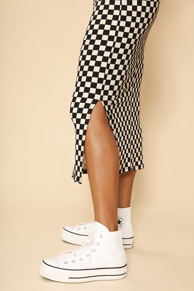 Checkered ribbed mock neck midi dress - Miss Sparkling