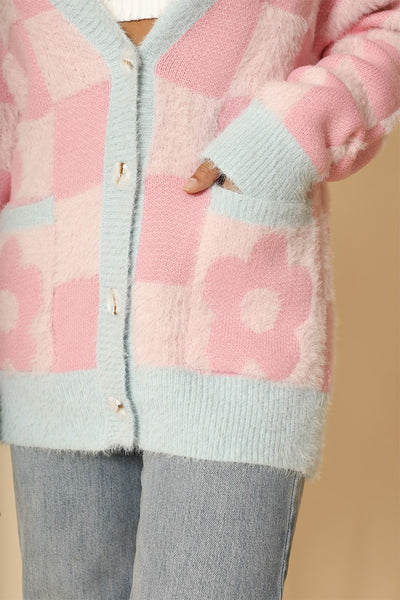 Fuzzy retro flower checkered knit cardigan - Miss Sparkling