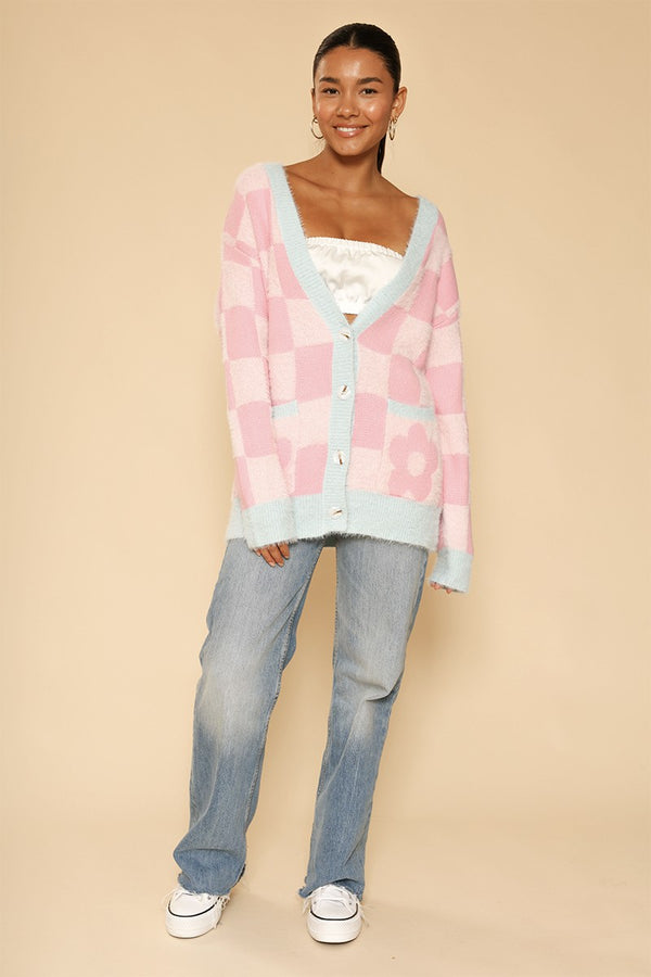 Fuzzy retro flower checkered knit cardigan - Miss Sparkling