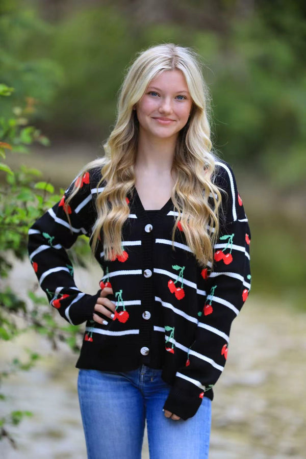 Striped cherry knit cardigan