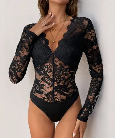 Women's Long Sleeve Lace Mesh Bodysuit