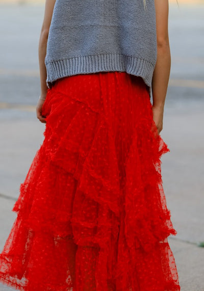 Mesh ruffle maxi skirt
