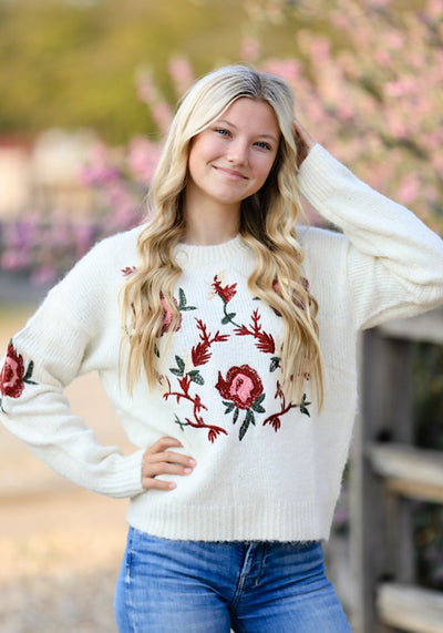 Floral Embroidered Knit Sweater