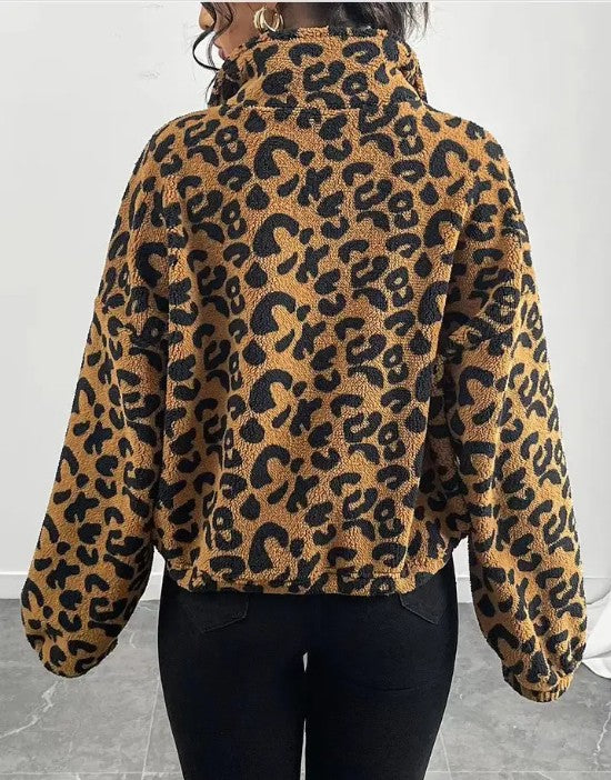 Leopard Print Fleece Zip-Up Jacket