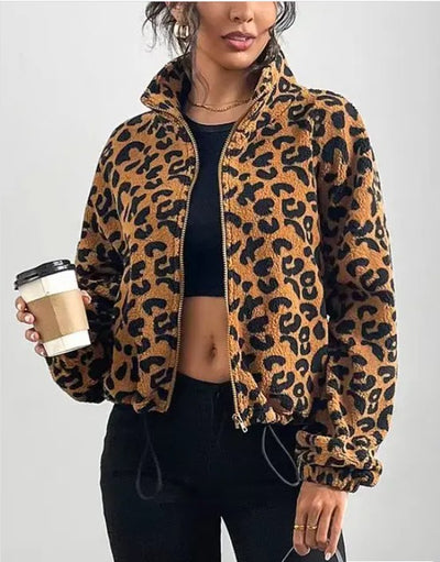 Leopard Print Fleece Zip-Up Jacket
