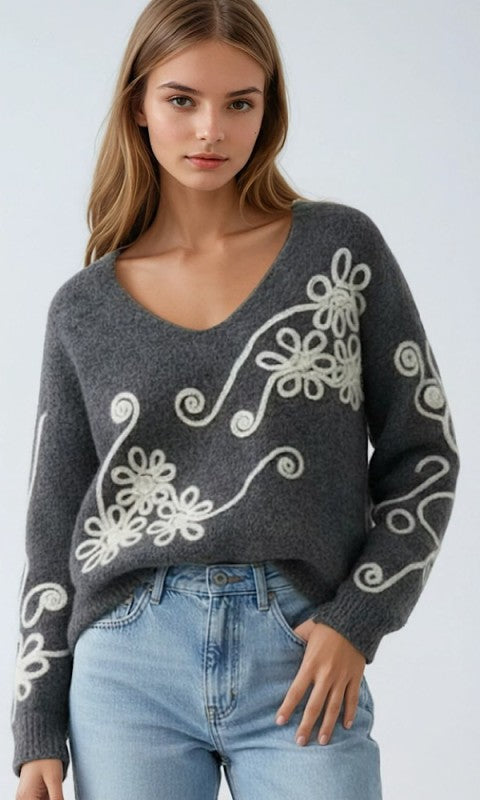 Floral Swirl Embroidered Knit Sweater