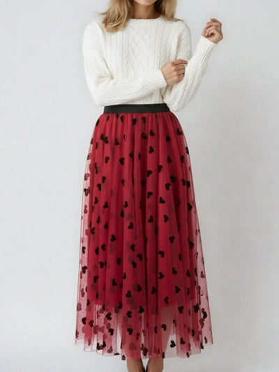 Heart Print Tulle Midi Skirt