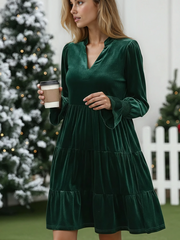 Elegant Velvet Long Sleeve Solid Color Dress