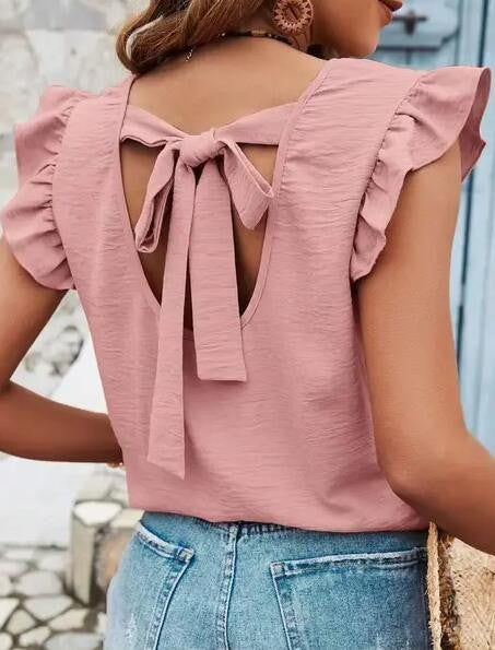 Ruffle Sleeve Blouse with Back Bow Tie