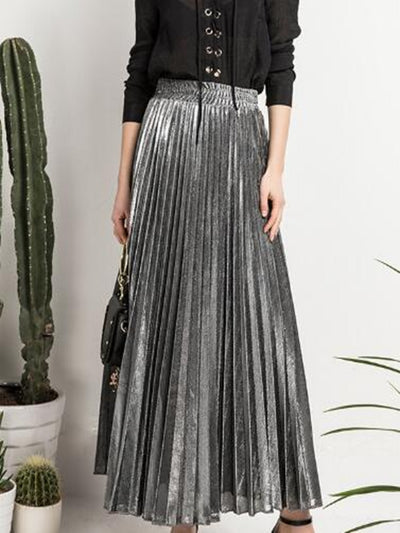 Metallic Pleated Maxi Skirt