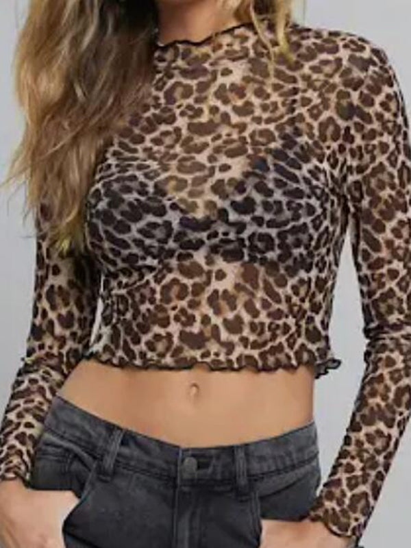 Cropped mesh leopard long sleeve top