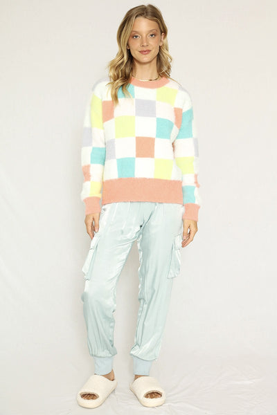 Fuzzy multicolor check sweater - Miss Sparkling
