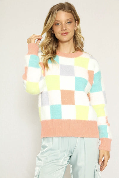 Fuzzy multicolor check sweater - Miss Sparkling