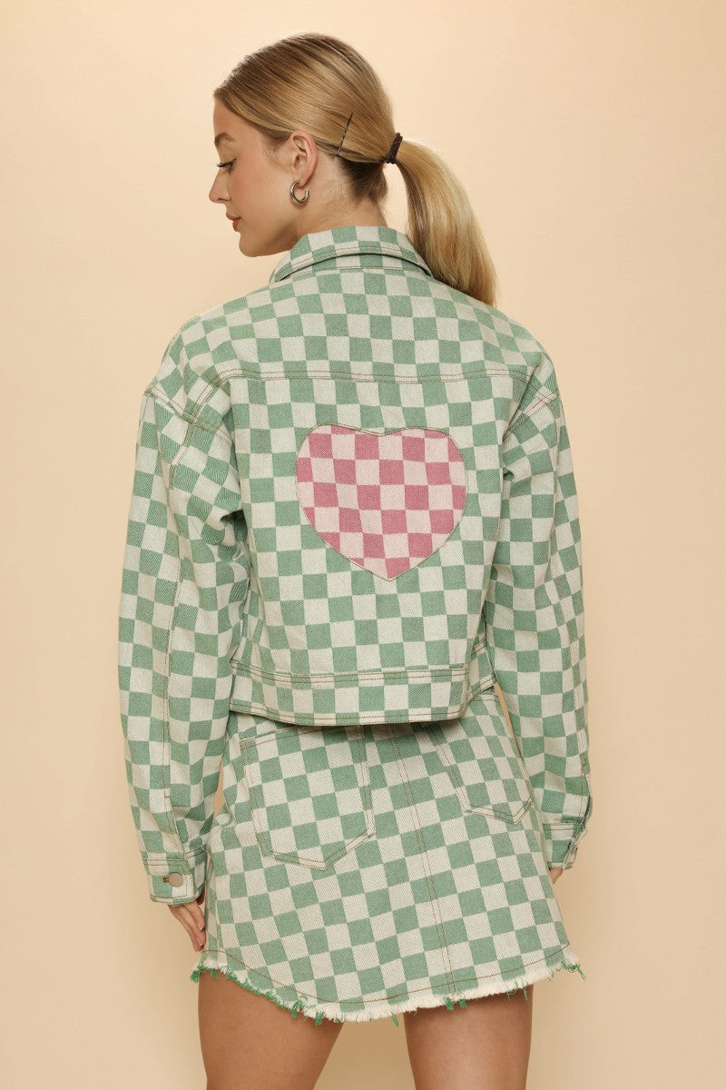 Cropped checkered heart denim jacket