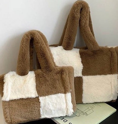 Fuzzy Checkered Shoulder Bag