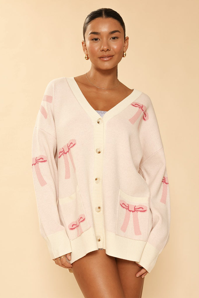 Maeve Sparkle Bow Button Cardigan in Pink | Lyst UK