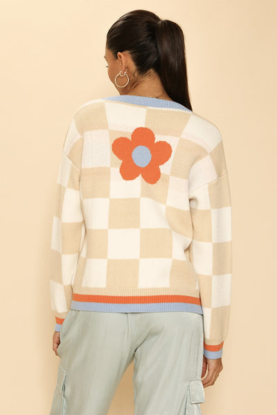 Retro flower checkered cardigan