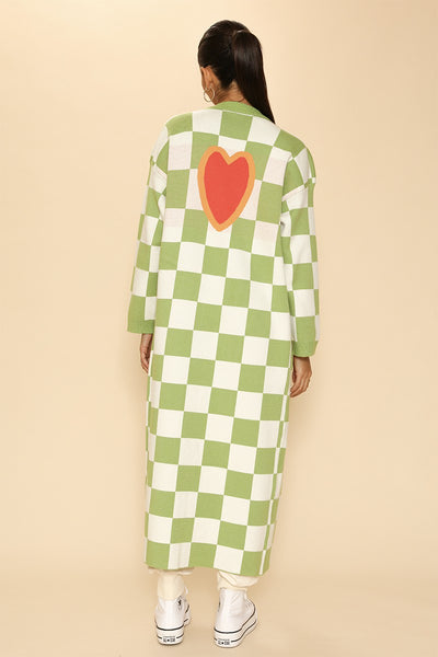 Long knit checkered cardigan