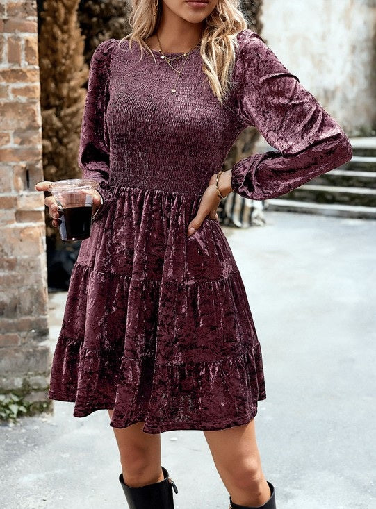 Long sleeve smocked velvet dress