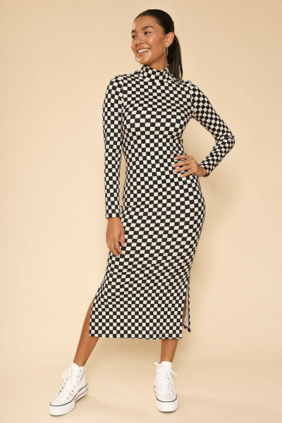 Checkered ribbed mock neck midi dress - Miss Sparkling