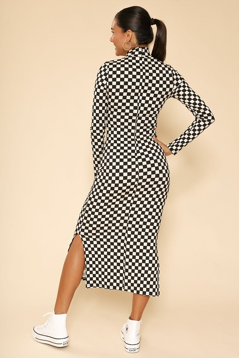 Checkered ribbed mock neck midi dress - Miss Sparkling