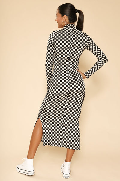 Checkered ribbed mock neck midi dress - Miss Sparkling