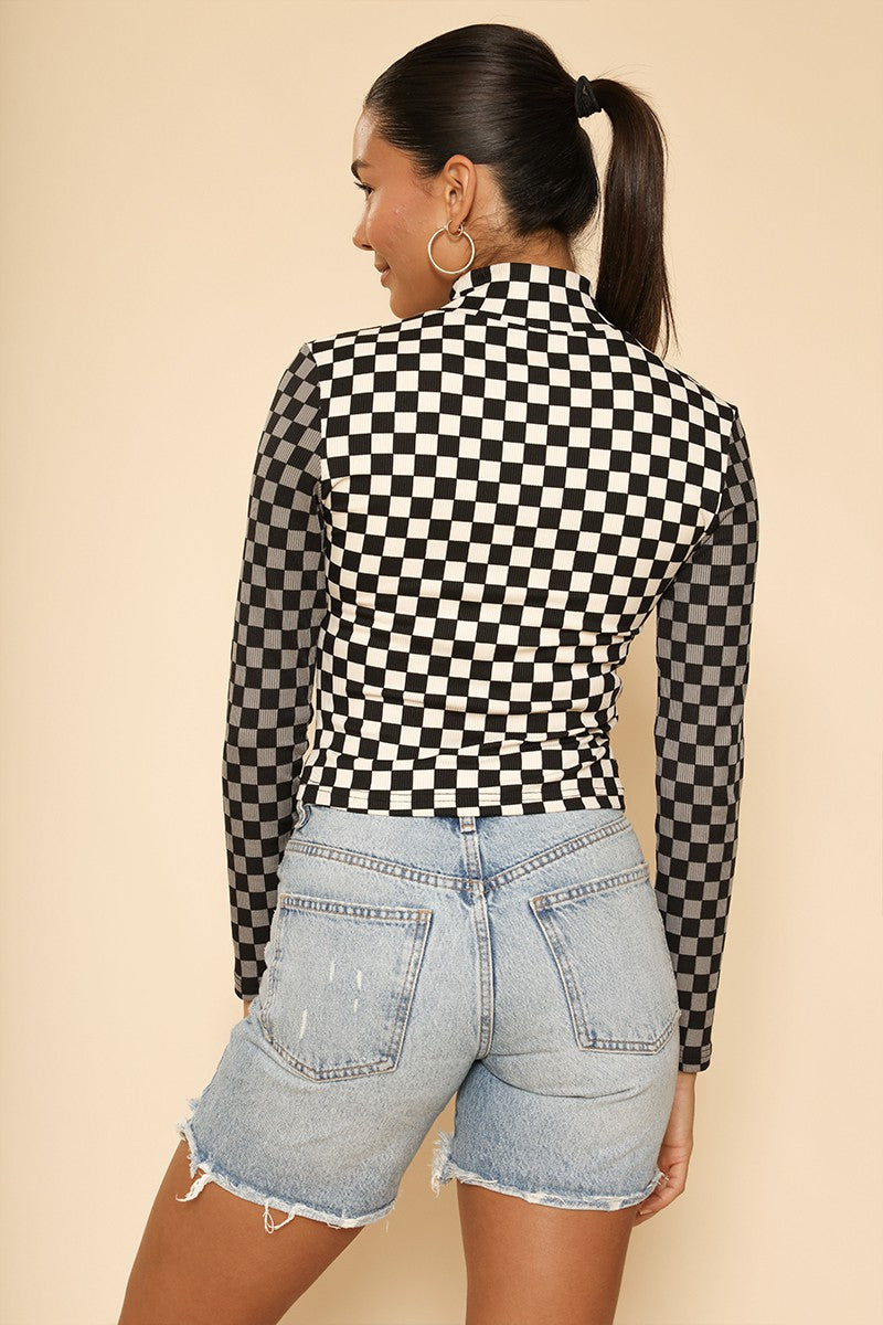 Two tone checkered ribbed mock neck top - Miss Sparkling