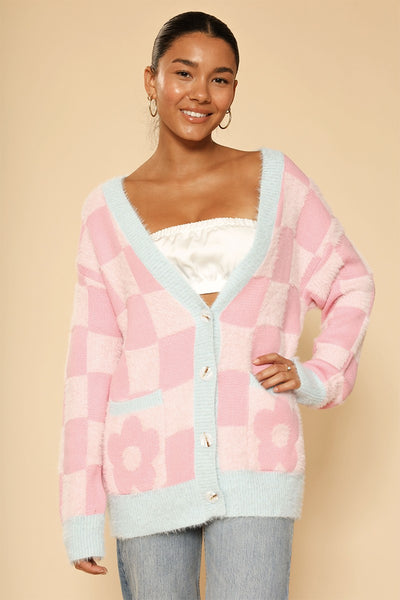 Fuzzy retro flower checkered knit cardigan - Miss Sparkling