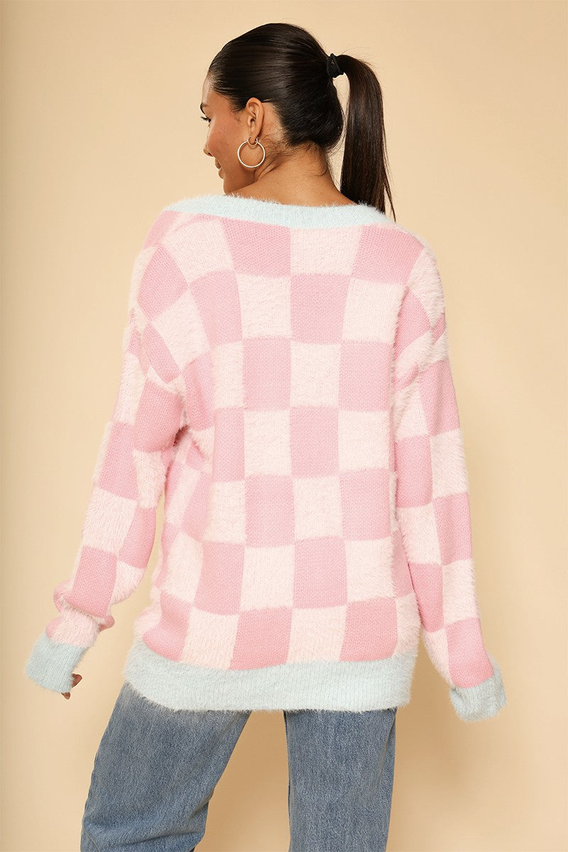 Fuzzy retro flower checkered knit cardigan - Miss Sparkling
