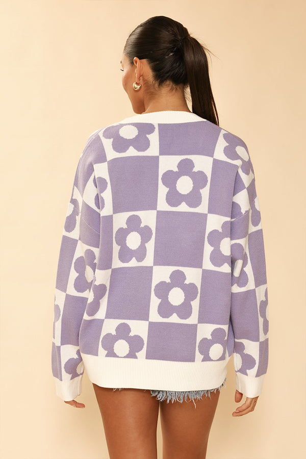 Checkered flower knit cardigan - Miss Sparkling