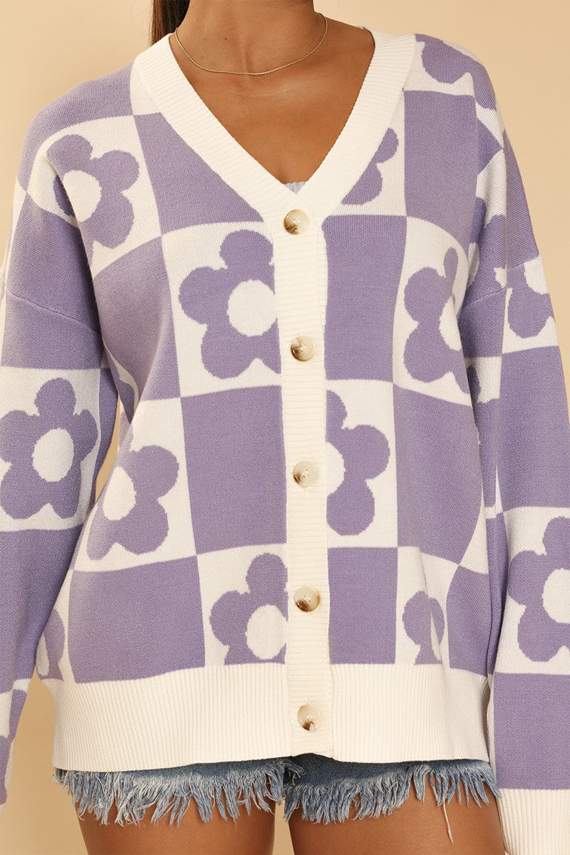 Checkered flower knit cardigan - Miss Sparkling