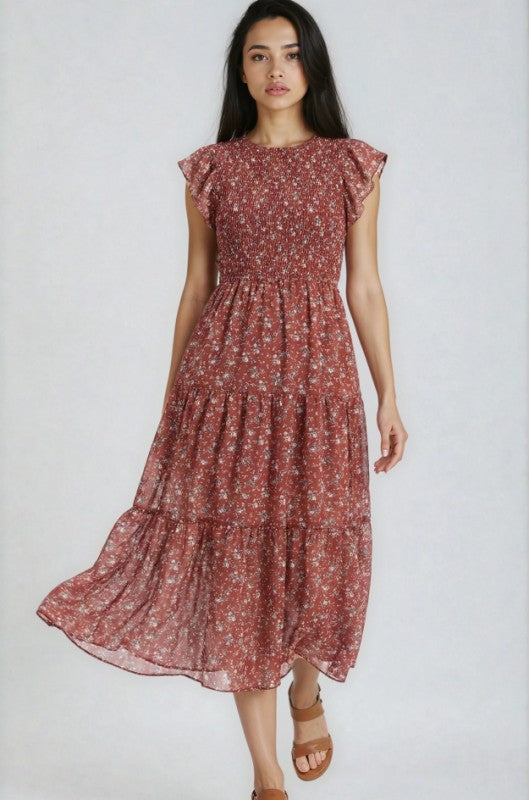 Miss Sparkling Floral Print Smocked Dress