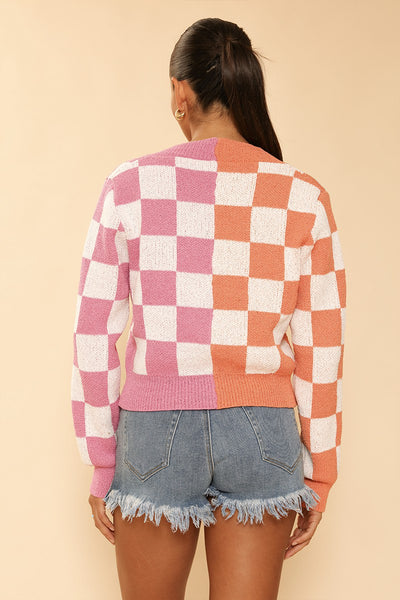 Two tone checkered cropped knit cardigan - Miss Sparkling