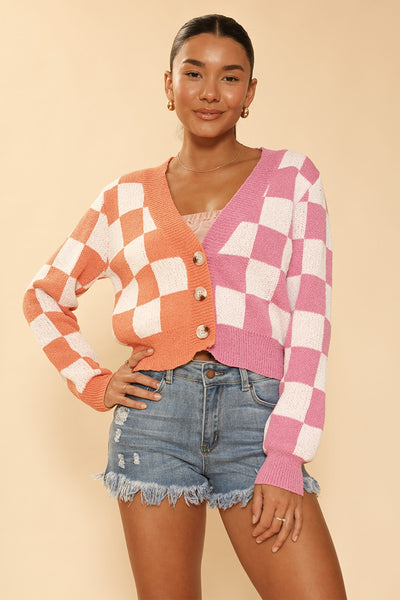 Two tone checkered cropped knit cardigan - Miss Sparkling