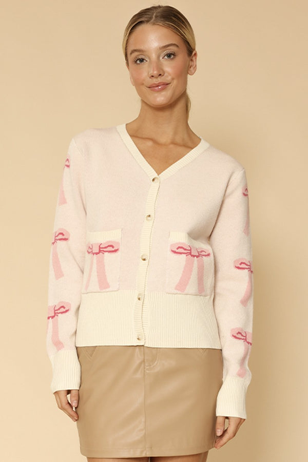 Cropped knit bow cardigan with pockets - Miss Sparkling