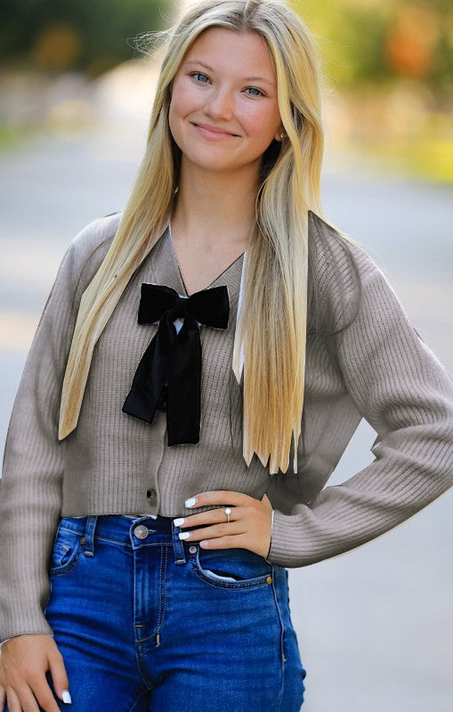Bow Tie V-Neck Cropped Cardigan