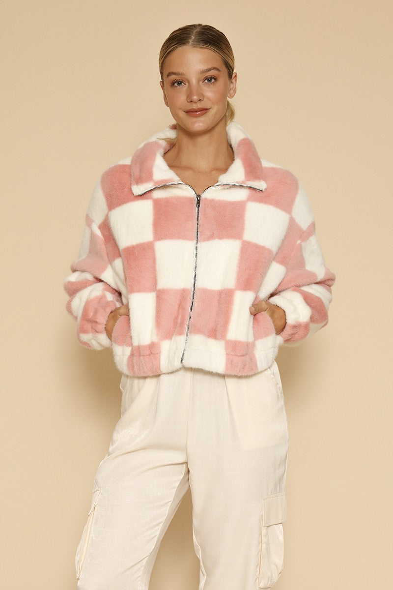 Fuzzy checkered zip front jacket