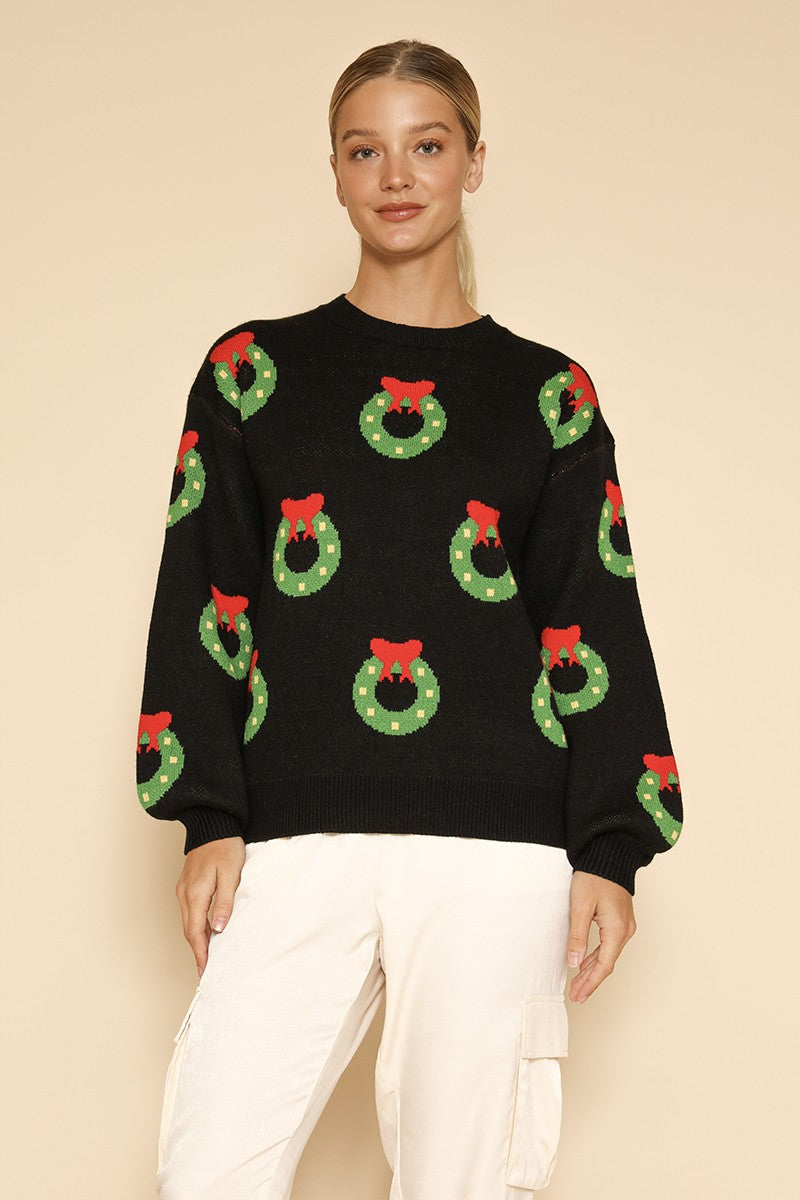 All over wreath holiday knit sweater