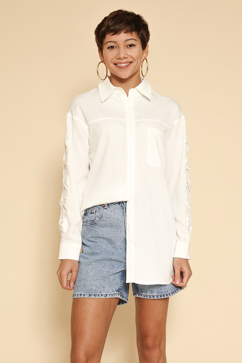 Bow sleeve button down shirt