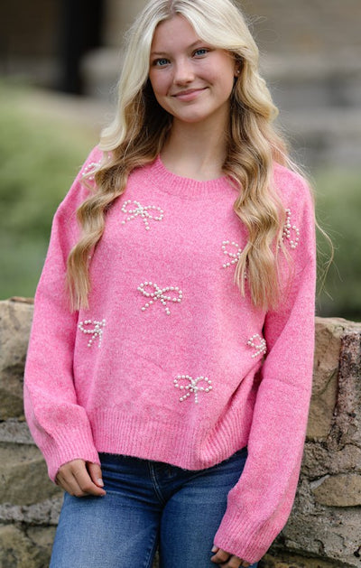 Pearl bow knit sweater