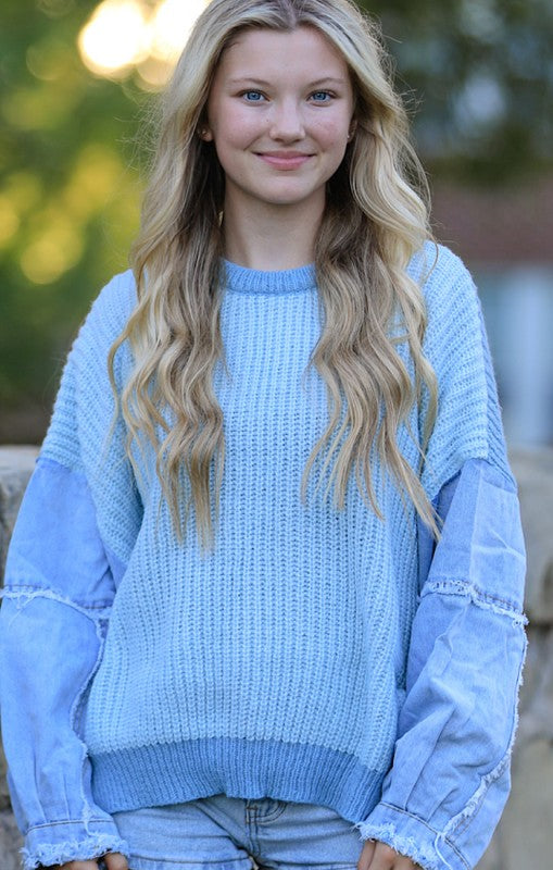 Denim sleeve knit sweater