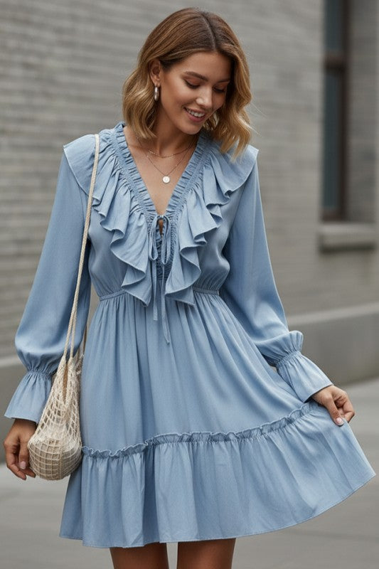 Miss Sparkling Long sleeve ruffle dress Blue / L