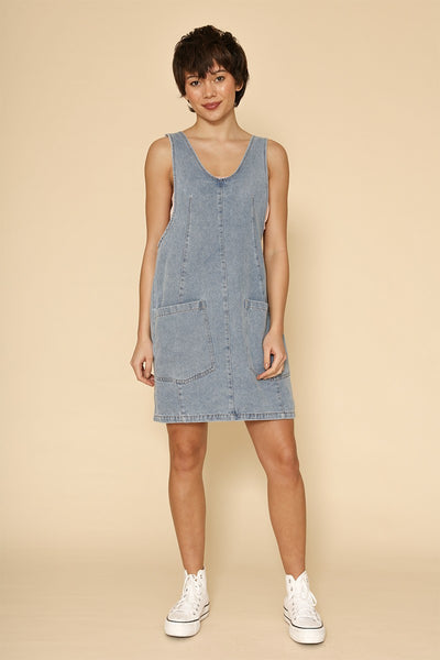 Denim scoop neck overall dress