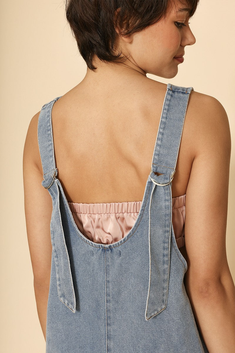 Denim scoop neck overall dress