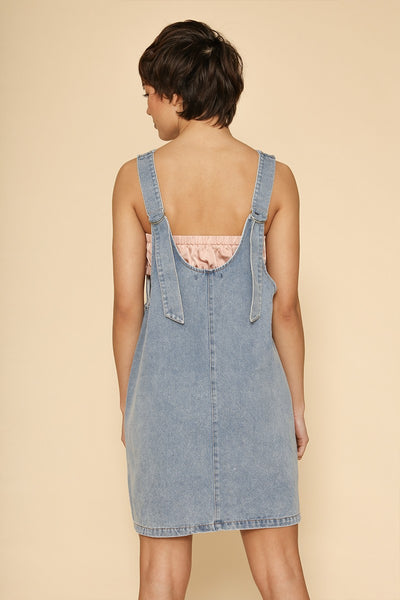 Denim scoop neck overall dress