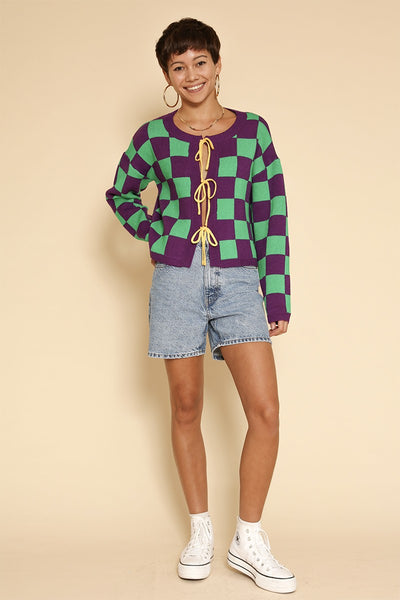 Mardi gras checkered tie front cardigans